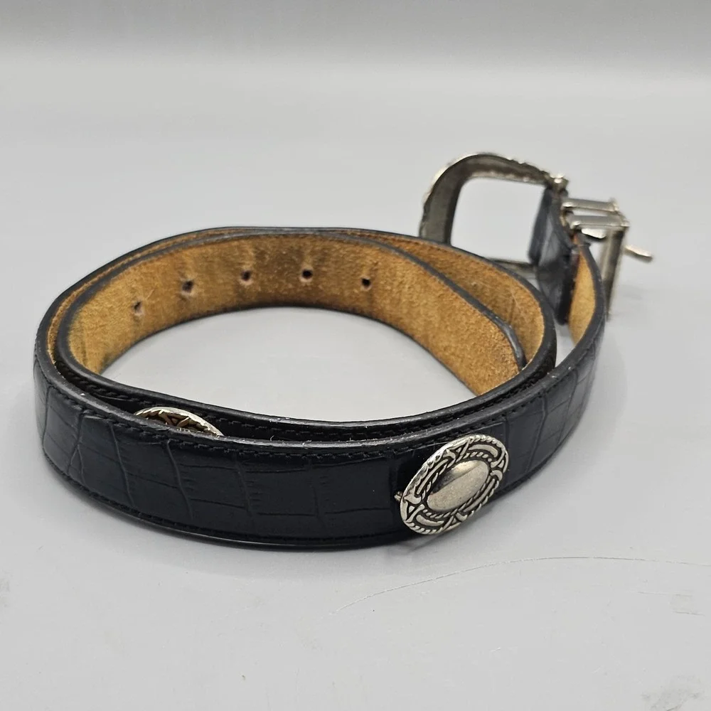 Vintage Black Leather Silver Decorative Medallions Belt Embellished Buckle 35